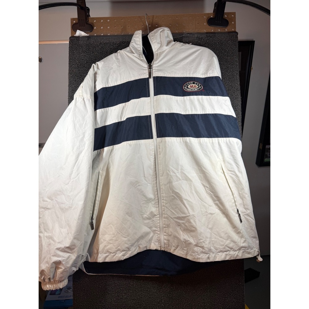 Cape Cod Windbreaker Jacket Mens XL White Navy Blue Fleece Lined Full Zip 406
